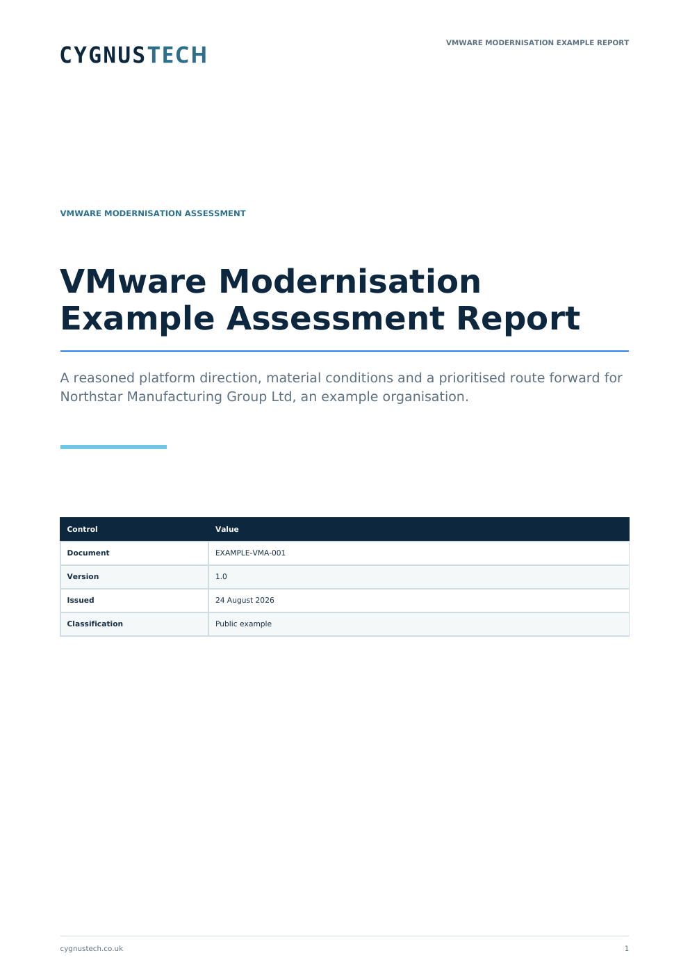 First page of the published Cygnus VMware Modernisation Example Assessment Report.